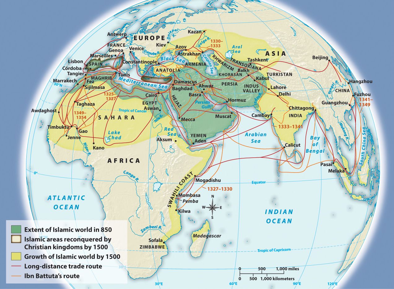 Spread of Islam. According to this map, West Africa became a part of the Islamic world between 850 and 1500. From A History of World Societies