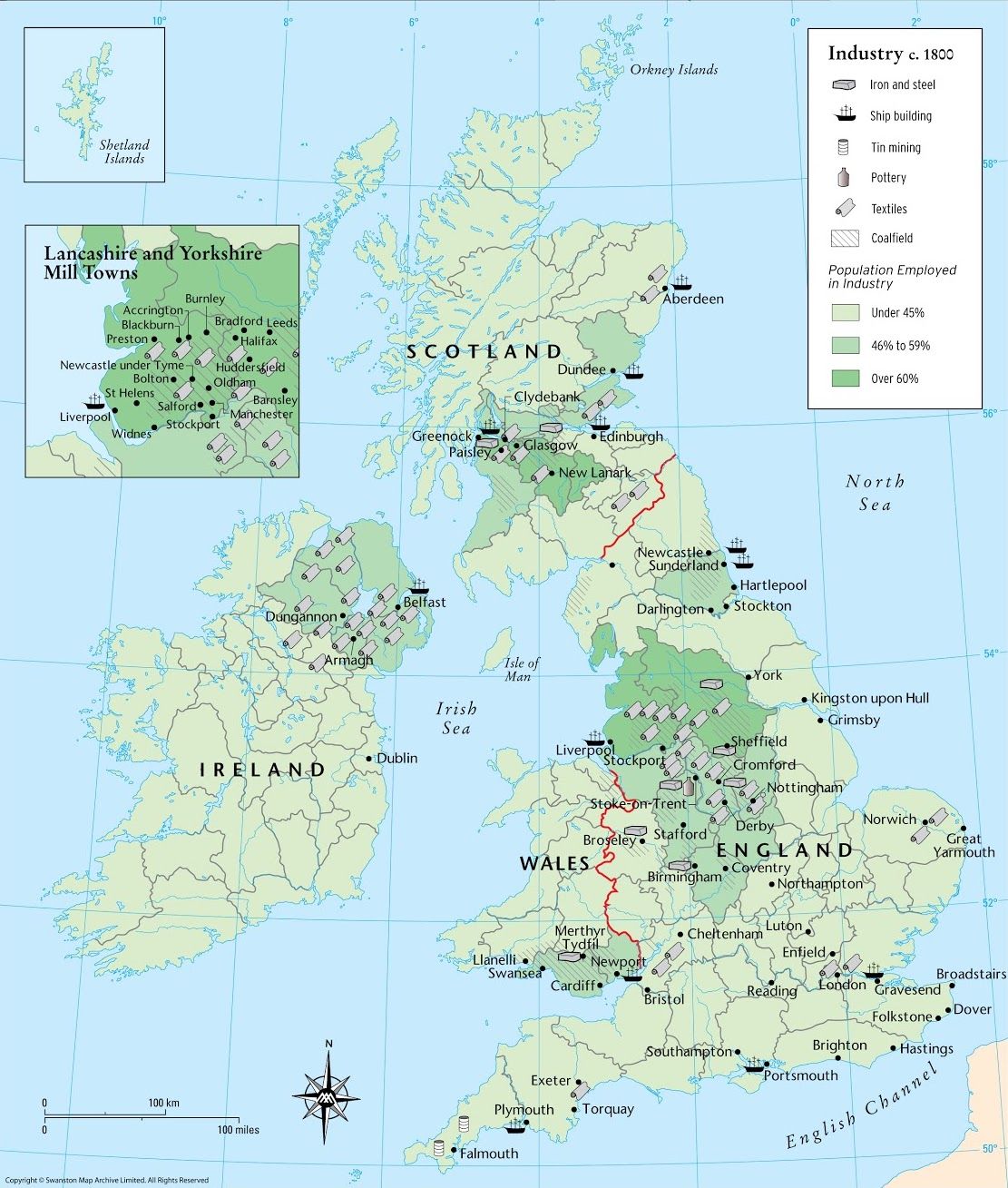 British industry in 1800. Most textbooks contain some variation of this map which only shows the extent of industrialization without saying anything about the people in the factories and mines. Source: https://www.themaparchive.com/product/product-url-1845/