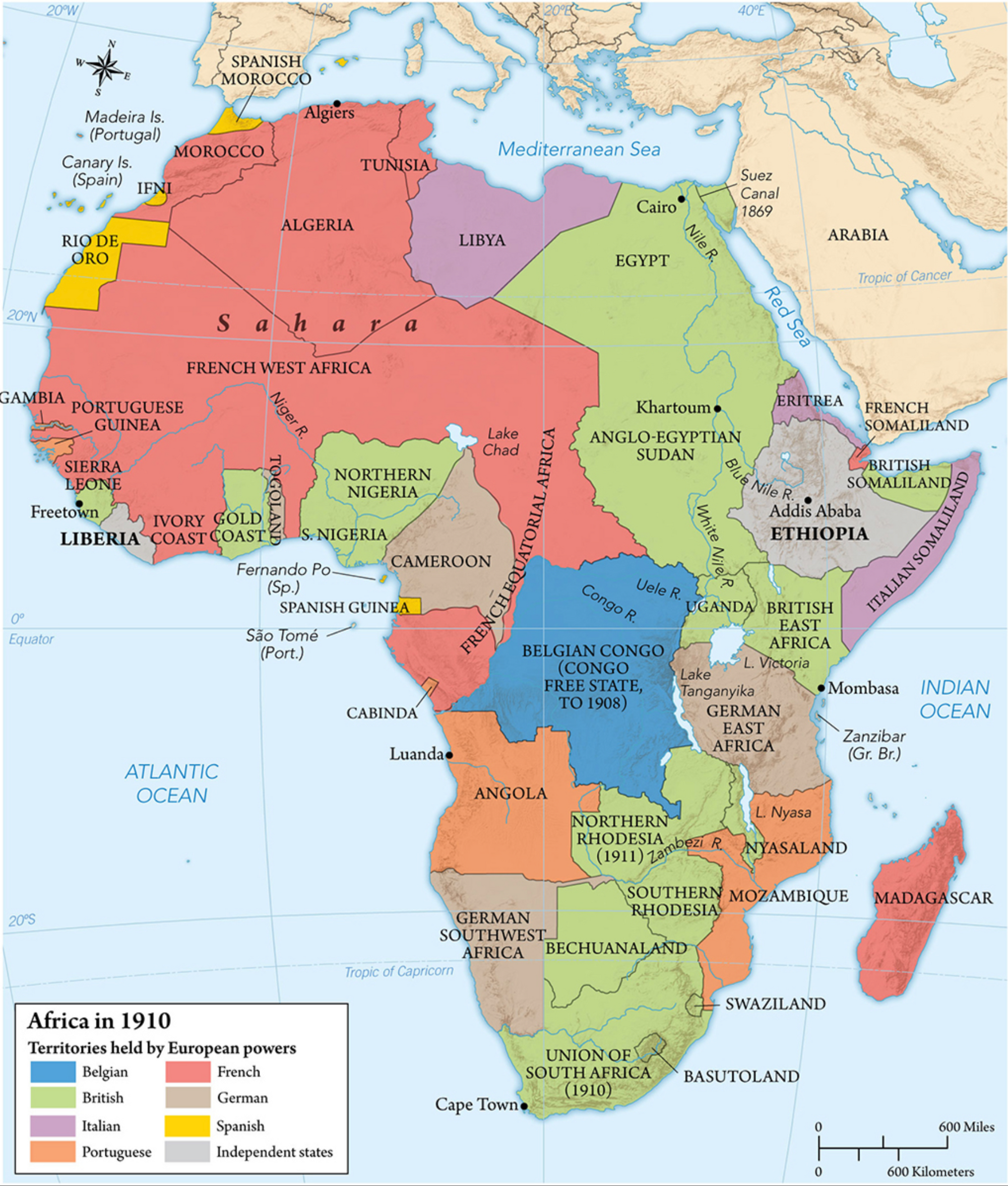 The British-ruled colonies in Africa are colored green on this map. Source: Falola and Stapleton’s A History of Africa.