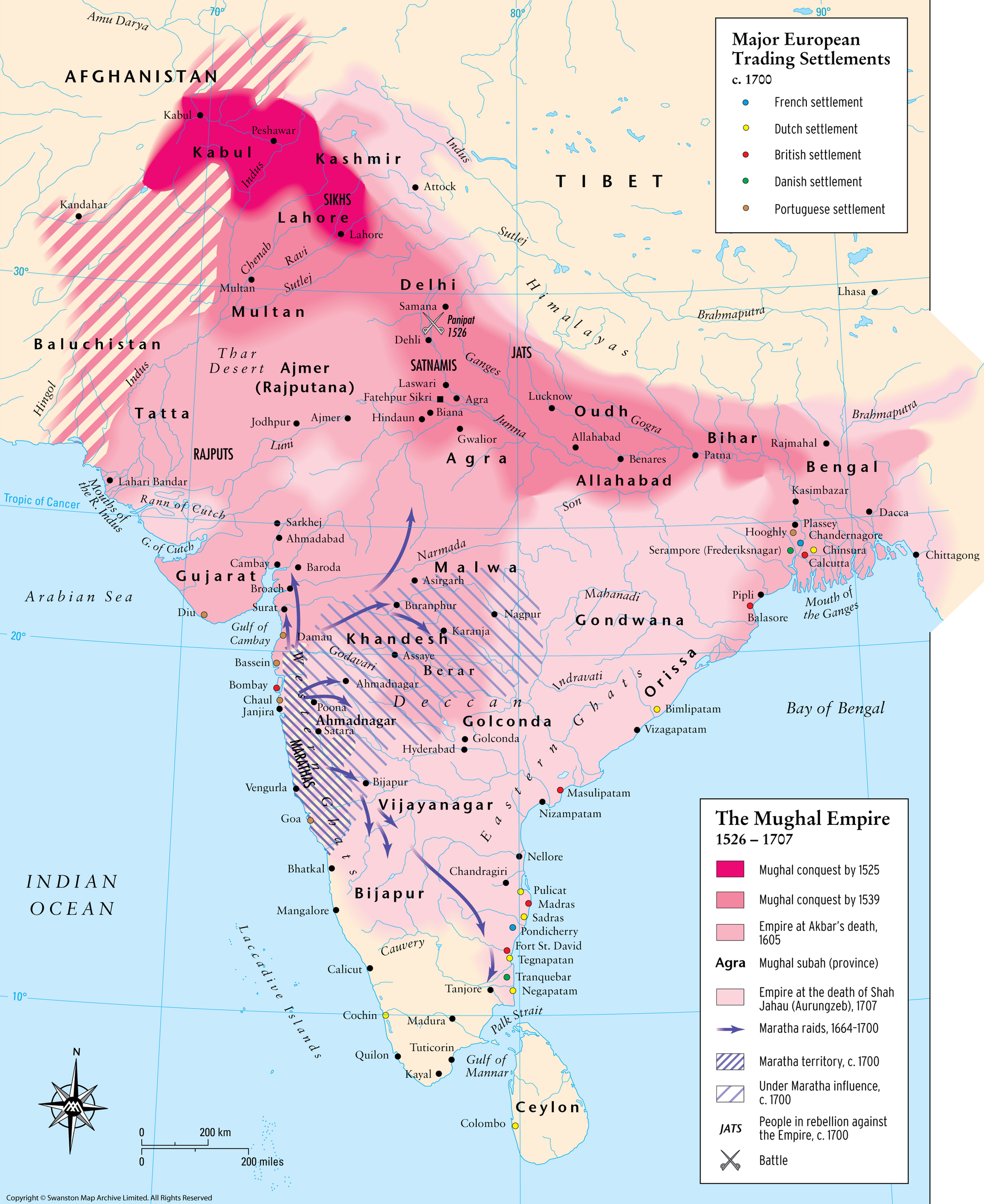 The growth of the Mughal Empire from 1526 to c.1700. Source: The Map Archive https://www.themaparchive.com/product/the-mughal-empire-15261707/