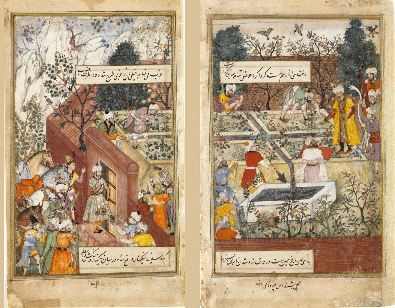 Two pages from the illustrated Baburnama. Source: Victoria & Albert Museum. Left page. https://collections.vam.ac.uk/item/O114438/babur-supervising-the-laying-out-painting-bishndas/ Right page. https://collections.vam.ac.uk/item/O17687/painting-bishndas/