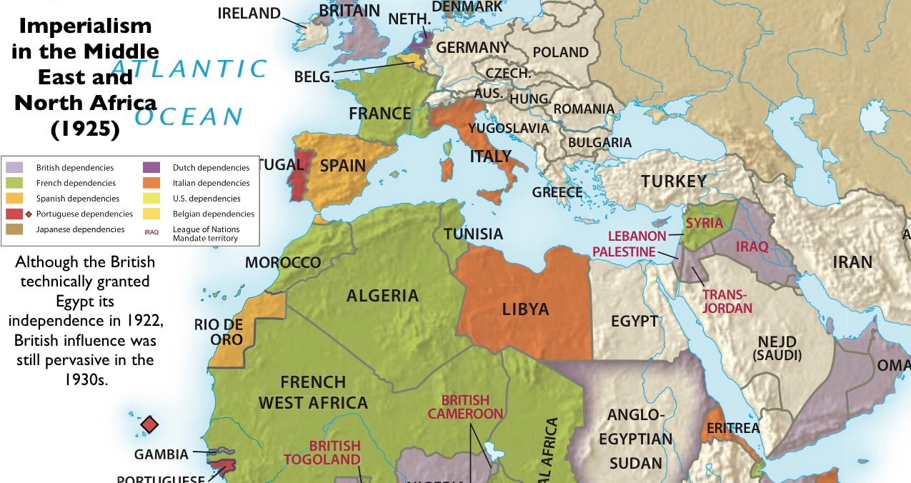It’s surprisingly difficult to find a map of European imperialism in the Middle East and North Africa. I adapted this map from a map of imperialism in Afroeurasia.
