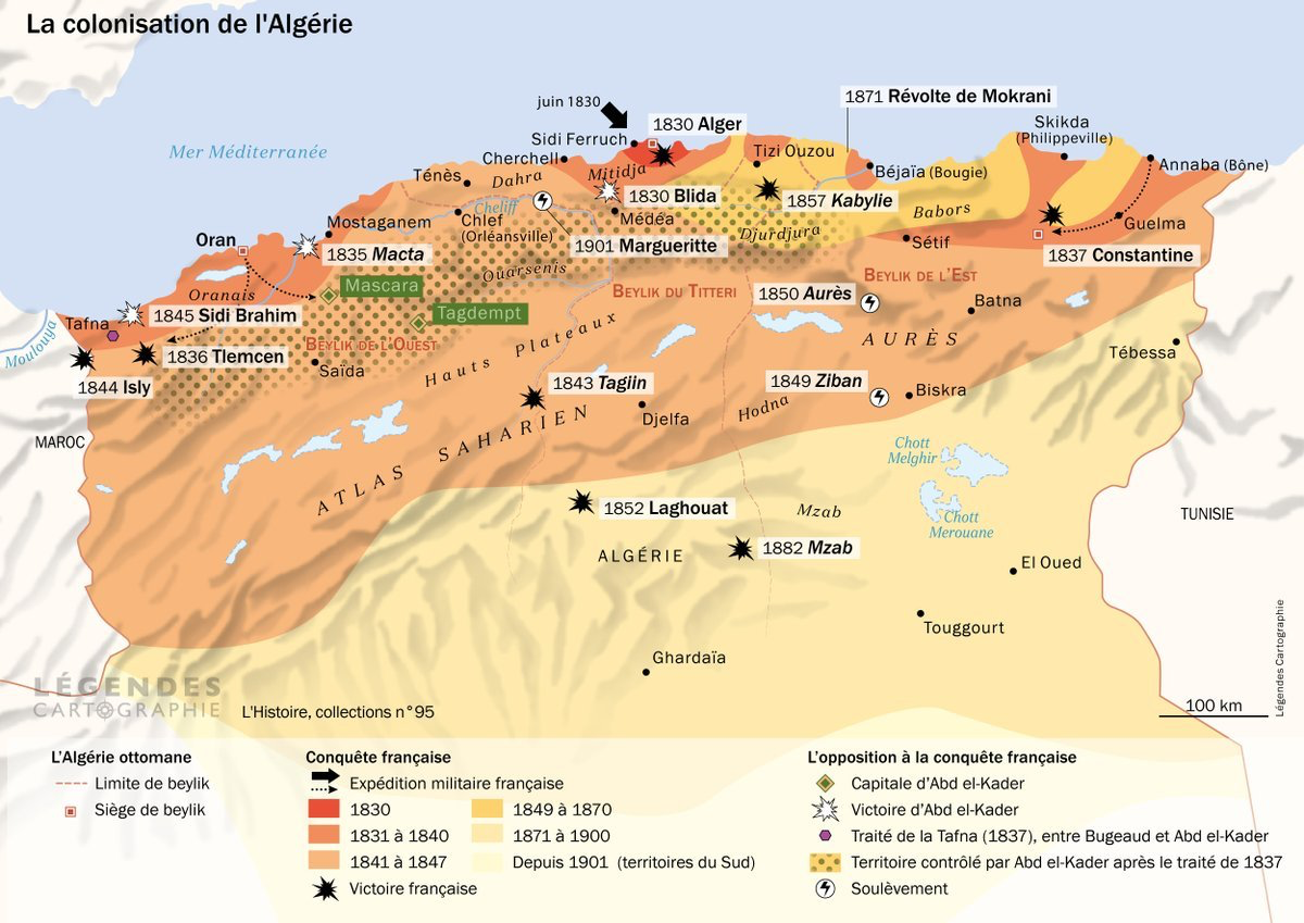 France’s gradual colonization of Algeria. Source: Maps on the Web https://mapsontheweb.zoom-maps.com/post/695125591905763328/colonization-of-algeria-the-conquest-of-algeria