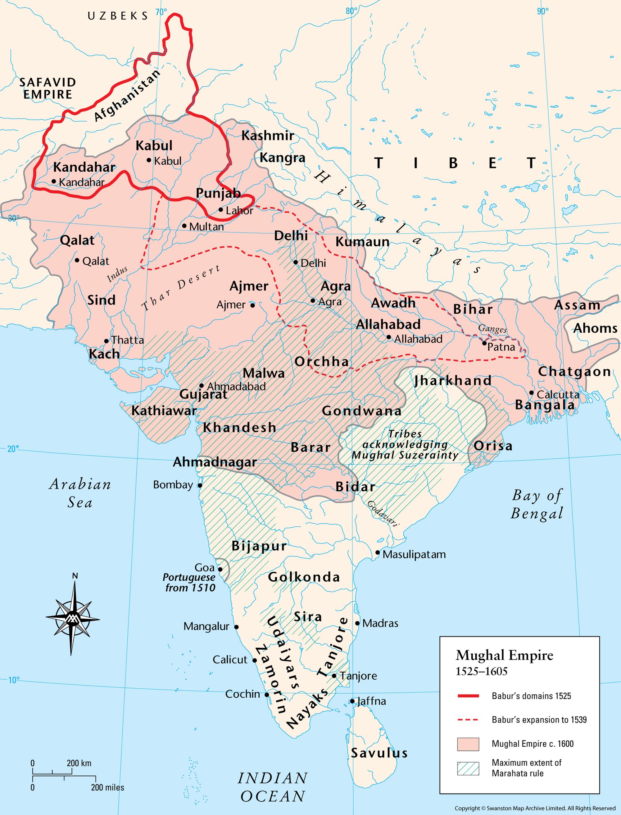 Mughal Empire at the death of Akbar in 1605. Source: The Map Archive https://www.themaparchive.com/product/mughal-empire-15251605/