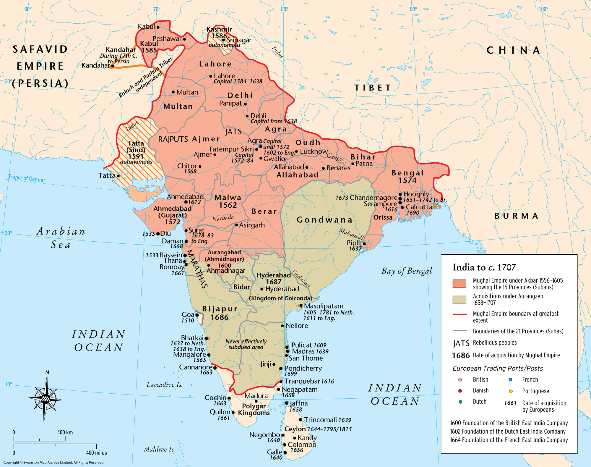 The Mughal Empire at the end of Aurangzeb’s reign. Aurangzeb added the territory in brown to the empire. Source: The Map Archive