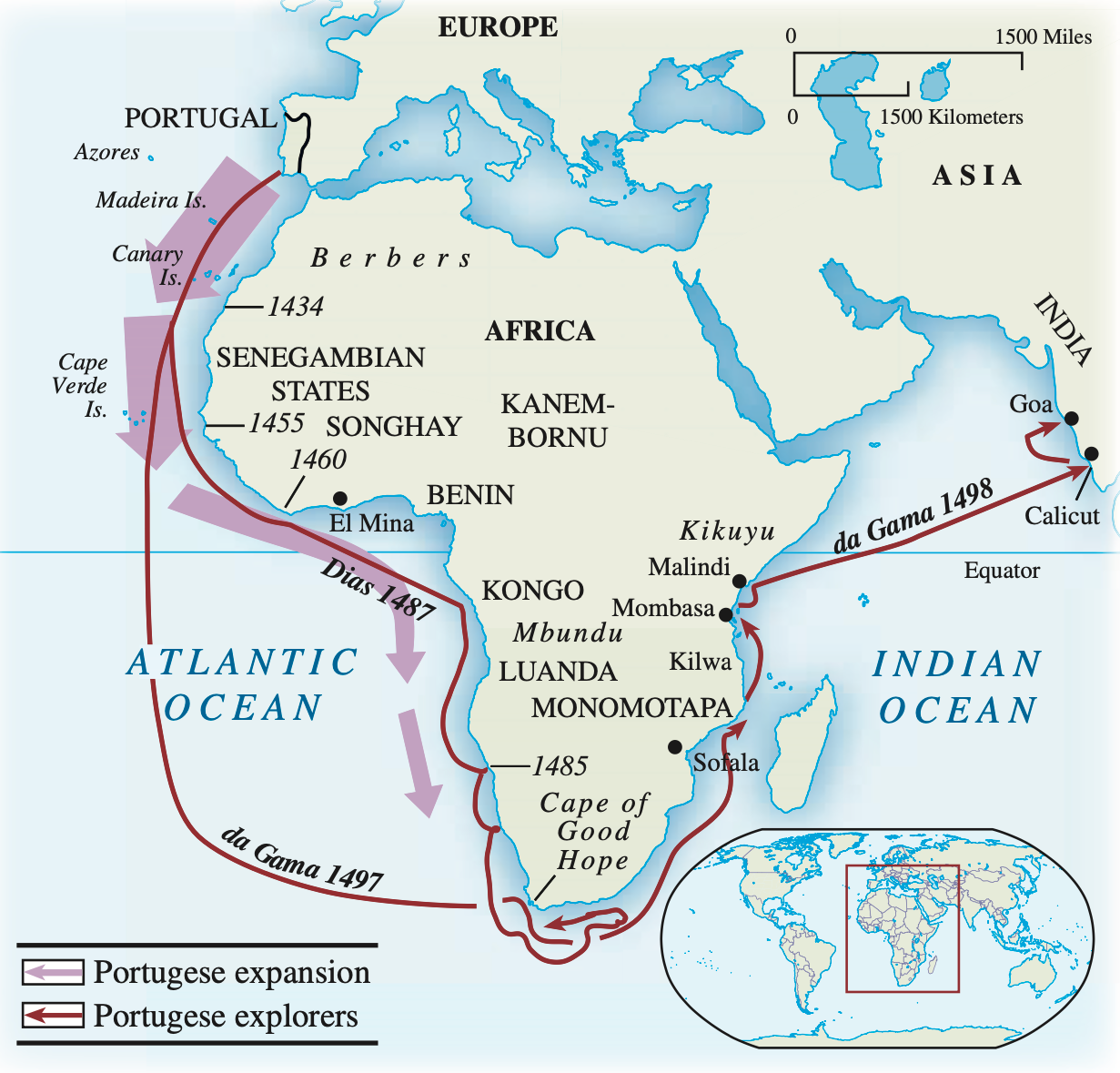 Map of Portuguese maritime expansion around Africa and into the Indian Ocean. Note the use of both “explorers” and “expansion.” Source: Stearns, World Civilizations.