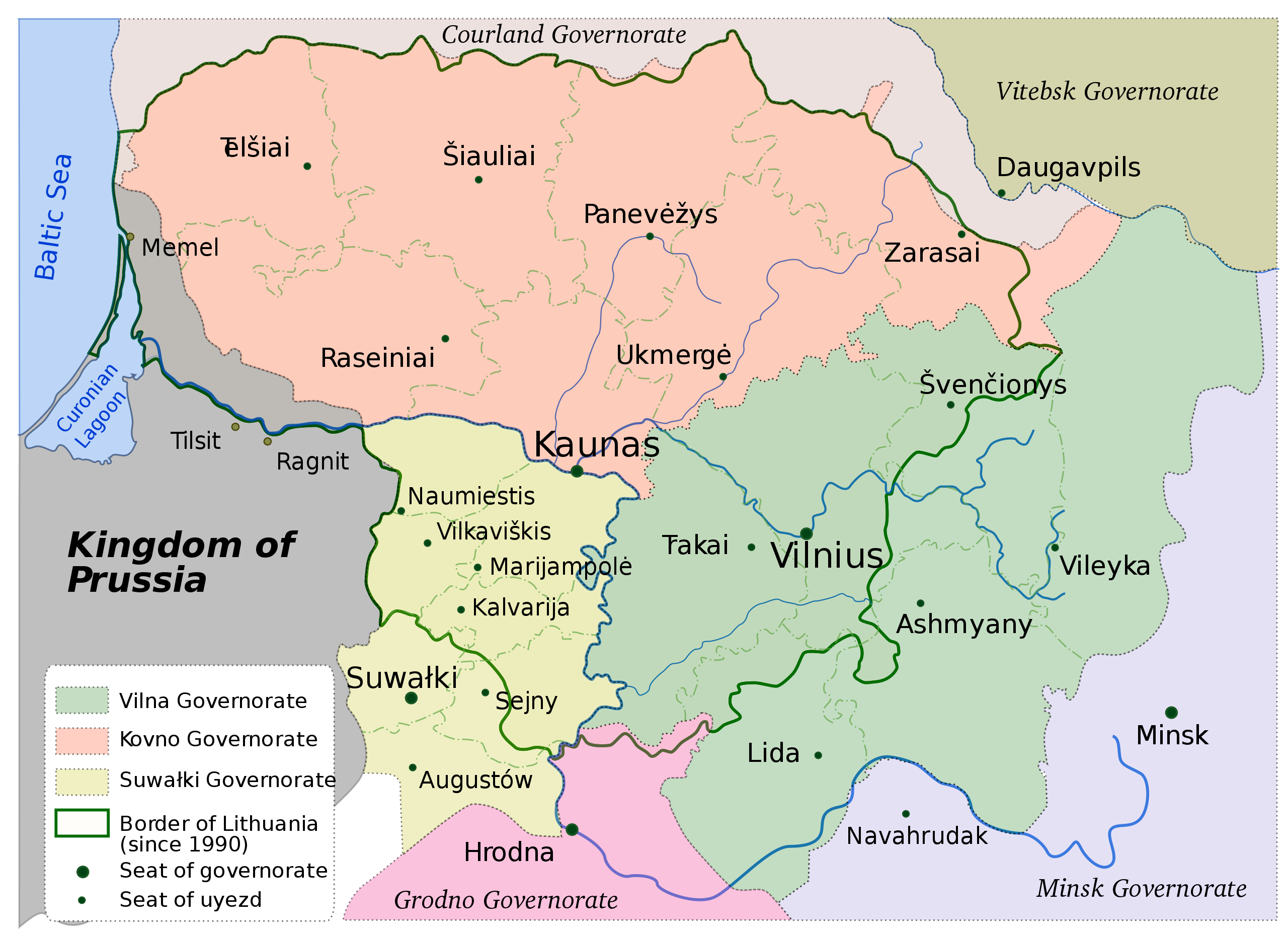 “Lithuania” at the end of the nineteenth century. Most of present-day Lithuania was part of the Russian Empire at the time. Source: Wikipedia.