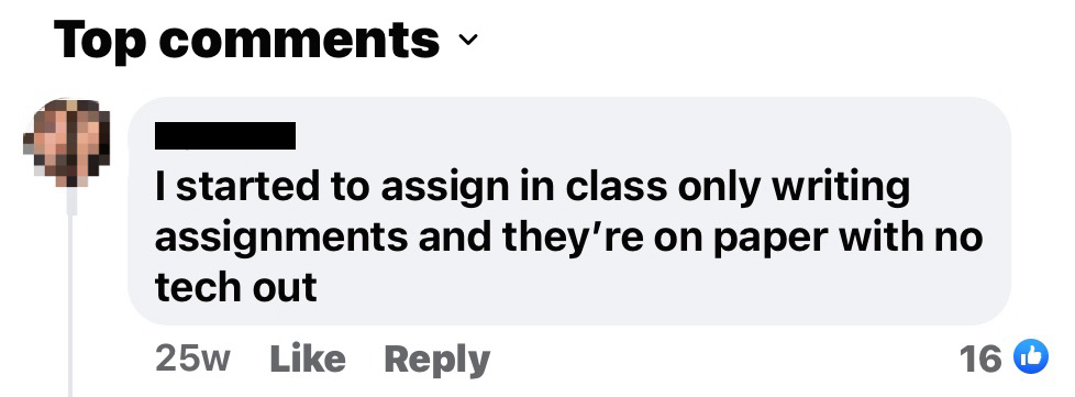 The “top comment” from a discussion of ChatGPT on the Facebook AP World History teachers group.