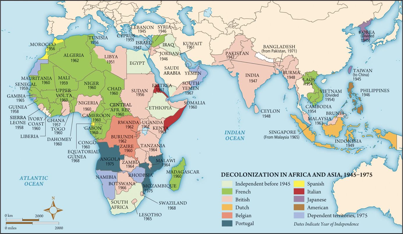 According to this map, decolonization began in 1945, but some countries gained their independence before that date. Source: Forging the Modern World: A History.