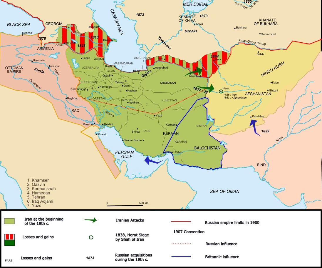 Qajar Iran in the nineteenth century. Source: Wikimedia Commons.