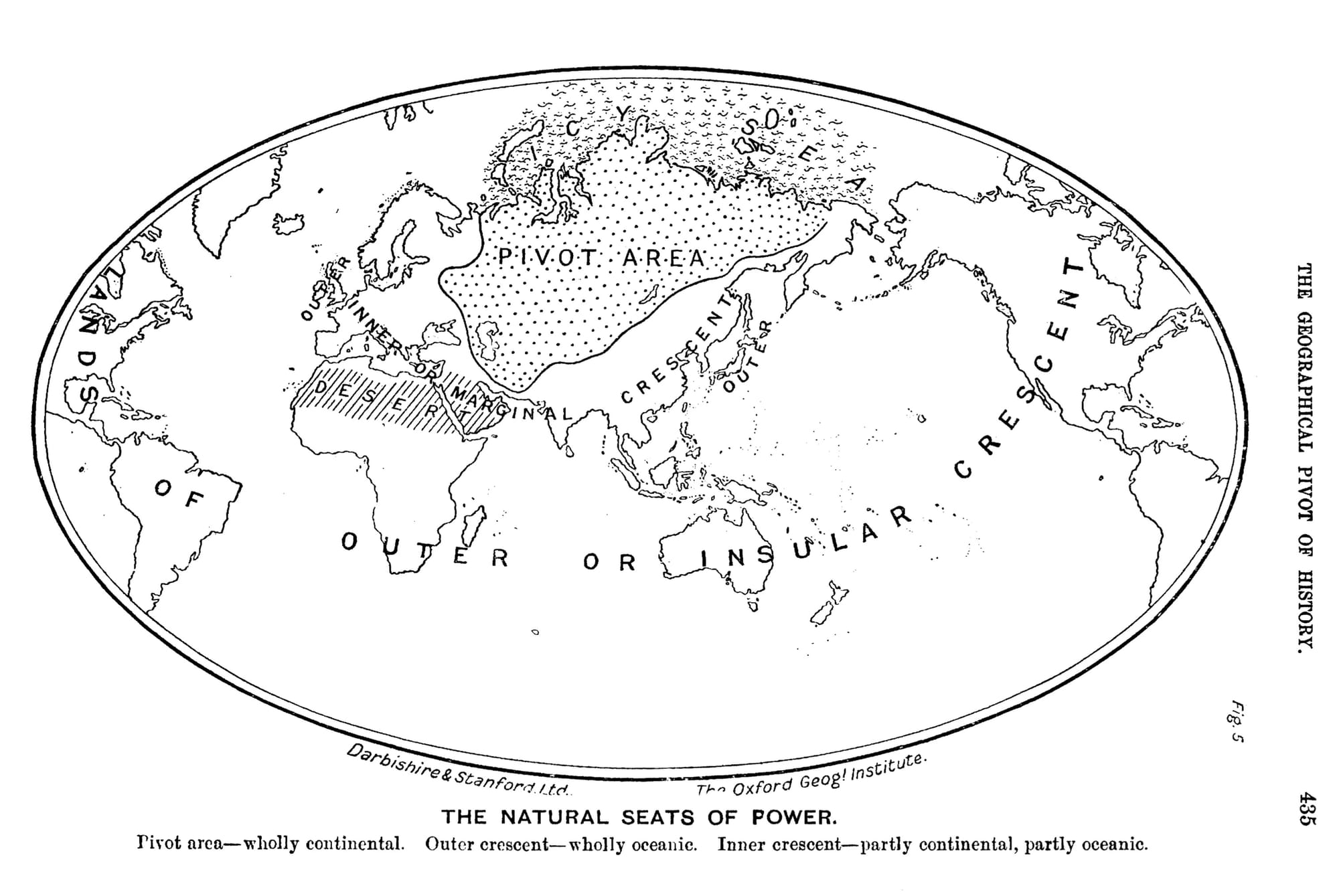 Mackinder’s map showing Afroeurasia. He included a prominent shaded area labeled “desert” that separated Africa from “Euro-Asia.”